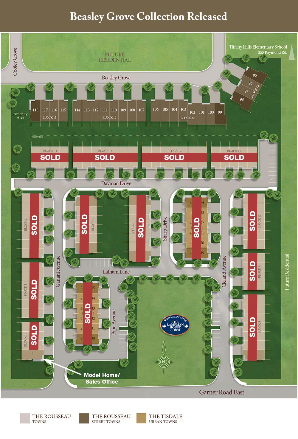 Garner Town Estates Site Plan showing SOLD Units and Beasley Grove Collection Released
